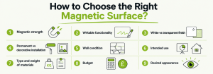Five steps for choosing the right magnetic surface based on use, magnetic strength, function, wall condition, and budget.