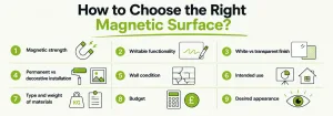 Five steps for choosing the right magnetic surface based on use, magnetic strength, function, wall condition, and budget.